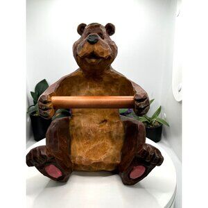 Hand-Carved Faux Wooden Bear Toilet Paper Holder Wall Mountable